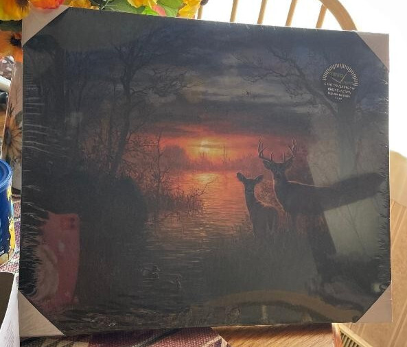 Abraham Hunter Buck and Doe in the Woods Timered Lighted Canvas Wall Picture