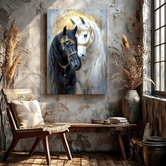 Wall Art Black White Horses Canvas Print Gold Bridal Portrait Home Decor Poster