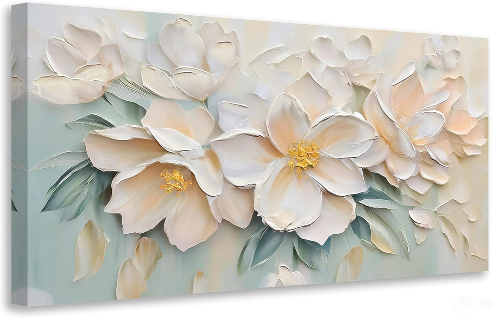 Large White Textured Floral Canvas Art for Modern Home Decor 58″x29