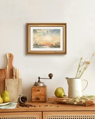Gold Framed Serene Watercolor Landscape Sunrise, Elegant Coastal Wall Art for…