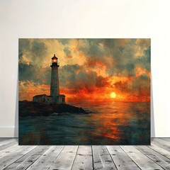Framed Canvas Vintage Sunset Sea Lighthouse Distressed Coastal Scenery Wall Art