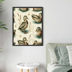 Vintage Duck Pond Framed Canvas Print Wall Art Painting Home Decor