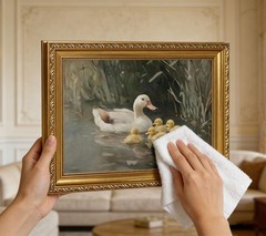 Vintage Gold Framed Duck Family Canvas Wall Art, Countryside Ducks in River P…