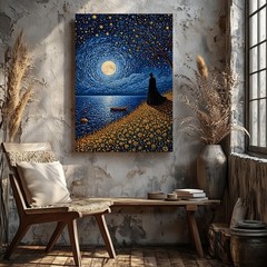 Starry Night Full Moon Ocean Canvas Wall Art With Silhouette And Flowers Home
