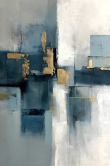 Abstract Blue Grey Gold Oil Painting Print, Framed Canvas Wall Art, Modern Decor