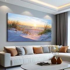 Sun Beach Grass Ocean Landscape Canvas Painting Poster Print ,DIY Framed 24″x48″