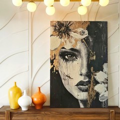 Wall Art Abstract Woman Face Canvas Print Black White Gold Floral Portrait Home