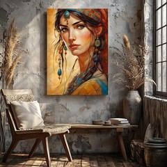 Boho Woman Portrait Canvas Wall Art Orange Turban Jewelry Print Decor Wall Home