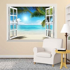 Wall26 White Sand Beach with Palm Tree Open Window Wall Mural- 24×32 inches