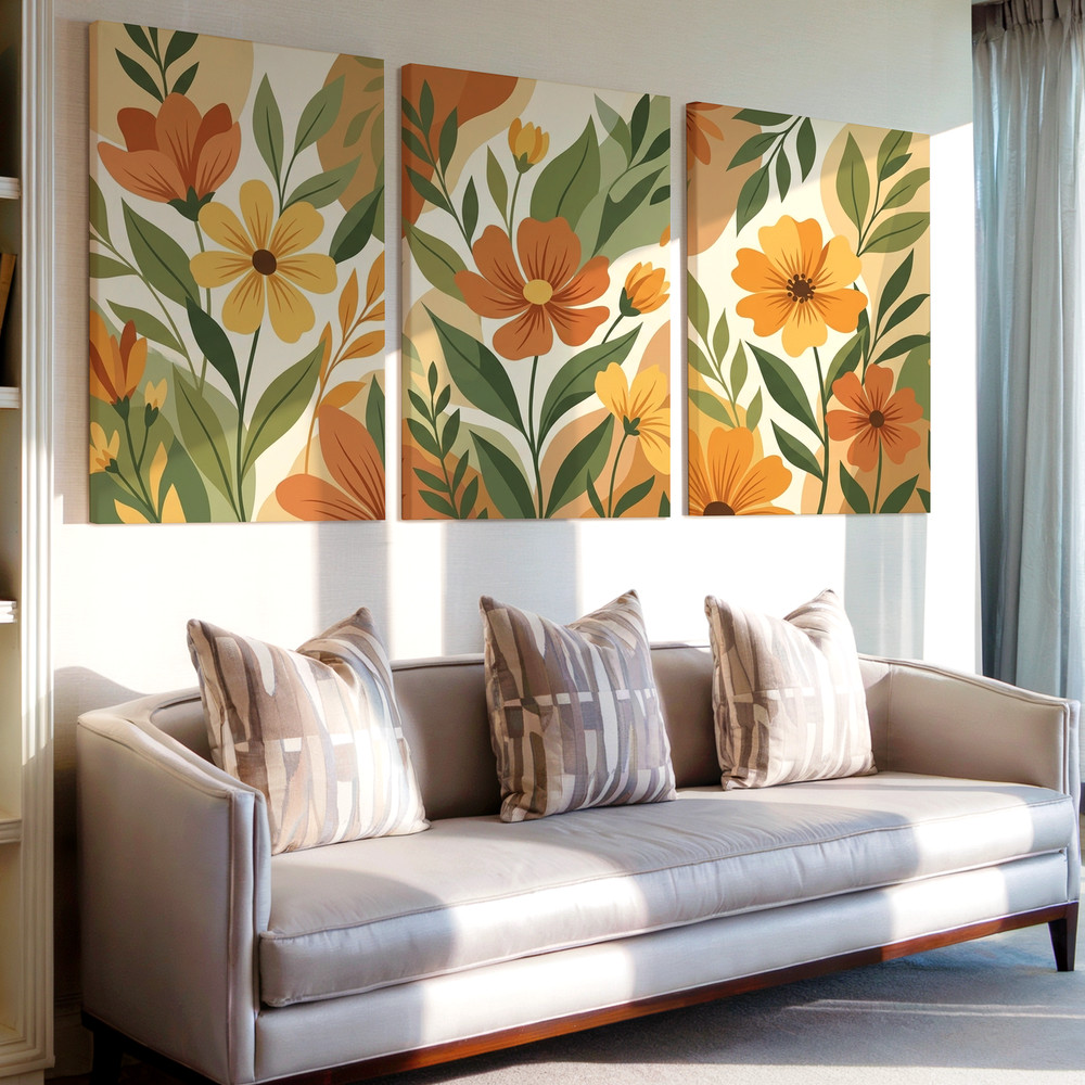 3 Pieces Floral Botanical Earth Tones Large Wall Art Set for Living Set Of 3