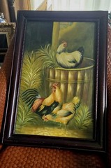 Vtg Rooster Chickens Farm Life Oil Painting on Canvas Frame 30X20.5″ Art 25X16″