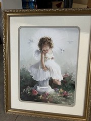 Framed Angel Print Wall Art, Multicolor Vertical Paper Glass Wood Picture