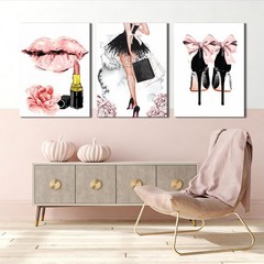 3Pcs Framed Fashion Women Canvas Wall Art, Pink Girly Wood Wall Decor, Femini…