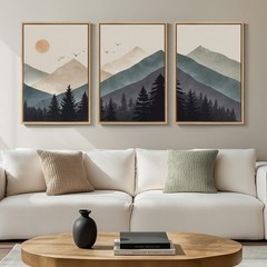 Cuspin Boho Framed Mountain Forest 16″ W x 24″ H x 3Pcs, Neutral Blue