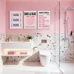 3-Piece Fun Pink Peach Bathroom Canvas Wall Art Pink Shower Karaoke Ticket Wa…