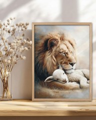 Natural OAK Wood Beige Christian Framed Wall Art, 12×16 in Lion and Lamb Canv…