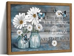 Wood Framed Daisy Butterfly Wall Art, Blue Rustic Farmhouse Canvas Wall Decor…