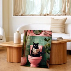 Wall Art Black Cat on Pink Toilet Reading Newspaper Tropical Bathroom Print
