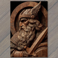 Art Print Viking Warrior Wood Carving Norse Mythology Winged Helmet Sword Rustic