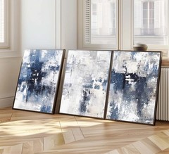 3 Pcs Navy Blue Abstract Canvas Wall Art Modern Minimalist Neutral White Blue…