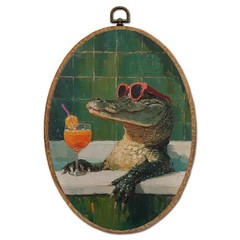 Funny Alligator Bathroom Oval Wall Art Decor, Funky Cocktail Crocodile Framed…