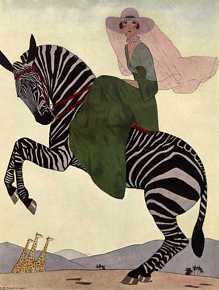 A.E. Marty – Lady on a Zebra – Art Deco Print – 1926 Vintage Fashion Art
