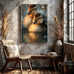 Wall Art Duckling Pair Print Cute Baby Ducks Wildlife Canvas Home Decor 2pcs