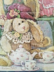 Vintage Barbara Mock Girl with Bunny Rabbits ~~ TEA PARTY Framed Art