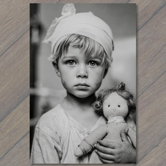 Art Print Sad Child Holding Rag Doll Bandaged Head Black White Emotional Portrai