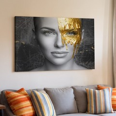 Modern Black and White Woman Portrait with Gold Paint Drip Abstract Canvas Art