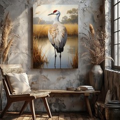 Sandhill Crane In Wetlands Canvasdetailed Painting Of Crane With Reflections