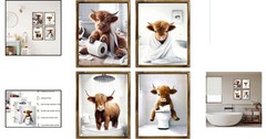 Waterproof Highland Cow Bathroom Art Prints – Humorous Decor (8×10, Set of 4)