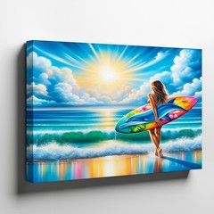 Surfing Girl with Dolphin Surfboard Ocean Beach Sunrise Canvas Wall Art Decor