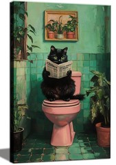 Funny Black Cat Bathroom Wall Art Decor, Funny Black Cat Reading Newspaper On…