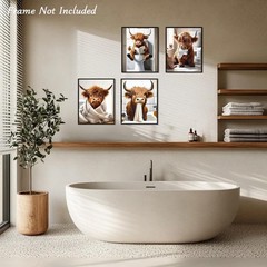 4Pcs Funny Highland Cow Wall Art Pictures, Rustic Cow Canvas Prints for Bathr