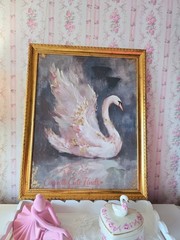 Swan Framed Painting Wall Art New Viral TikTok 20 in x 16in Cottagecore Romantic