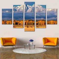 Grand Teton Snow Wyoming Mountains With Autumn Landscape 5 Piece Canvas Wall Art