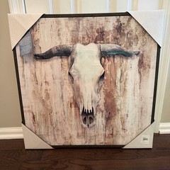 Rustic Longhorn Cow Canvas Wall Art – 24×24”Western Farmhouse Decor Belle Maison