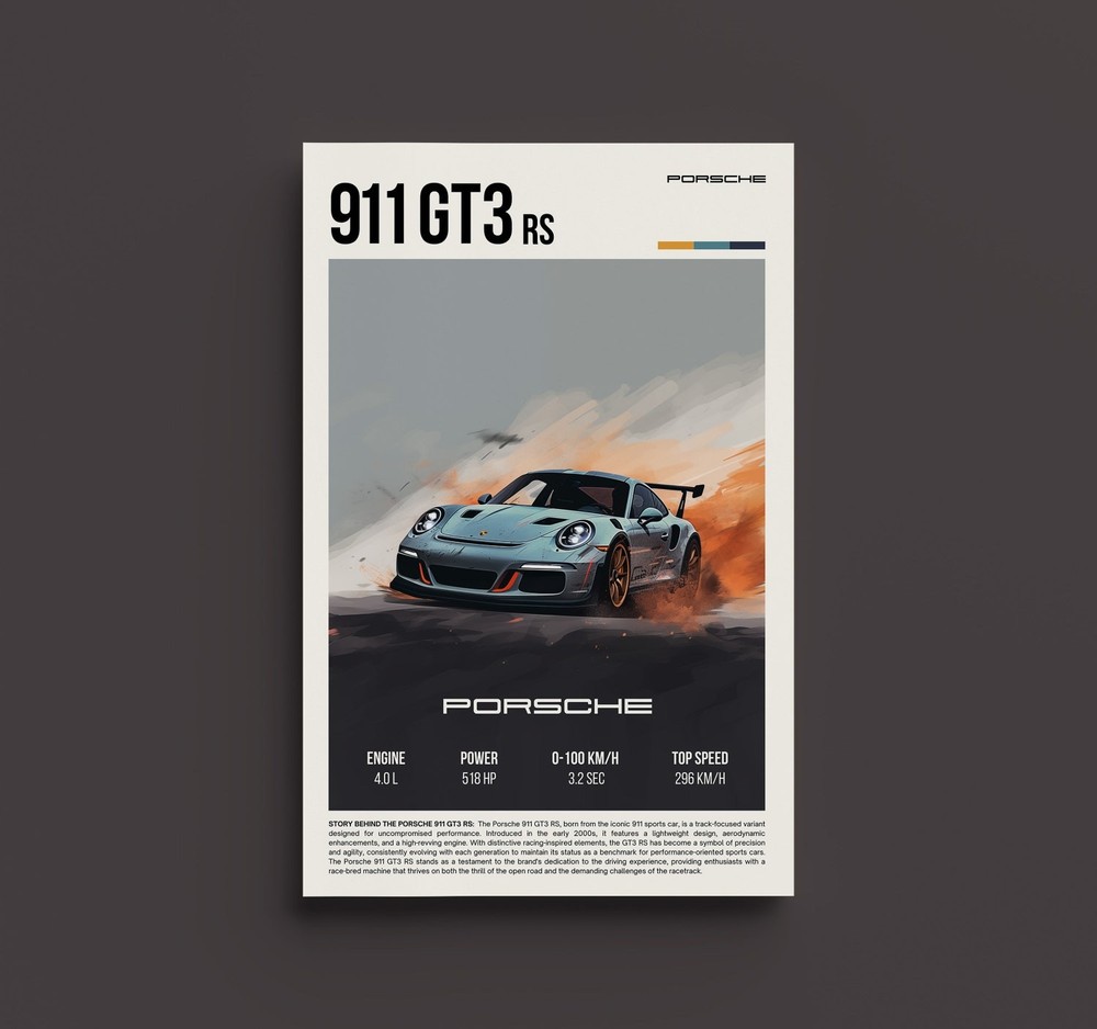 Porsche 911 GT3 RS Poster Retro Sports Car Wall Art – Performance Fan Gift