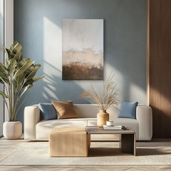 Modern Minimalist Taupe Brown Cream Painting Print on Framed Canvas Wall Art