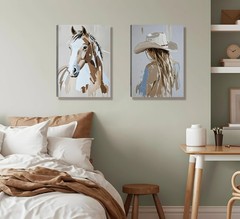 2pcs Framed Western Cowboy Girl Wall Art Oil painting style Cowboy Girl and H…