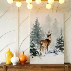 Wall Art Deer in Snowy Pine Forest Winter Wildlife Watercolor Print Home Decor