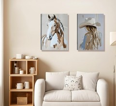 2pcs Framed Western Cowboy Girl Wall Art Oil painting style Cowboy Girl and H…