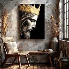 Wall Art Gold Crown King Portrait Canvas Print Black White Religious Home Decor