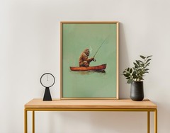 Bigfoot Fishing in Canoe Vintage Poster Art Funny Retro Sasquatch Print