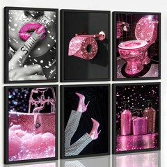 6Pcs Fashion Bathroom Canvas Wall Art Black and Pink Glam Glitter Tissue Funn…