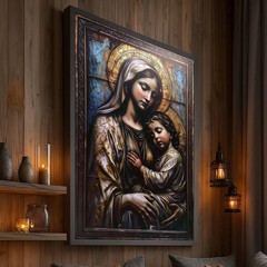 Virgin Mary and Child Framed Canvas Wall Art Catholic Madonna Christian Decor