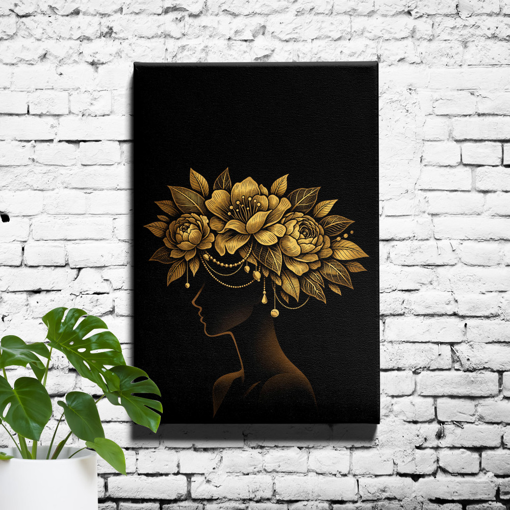 Floral Woman Silhouette Black Gold Framed Wall Art 12x18inch