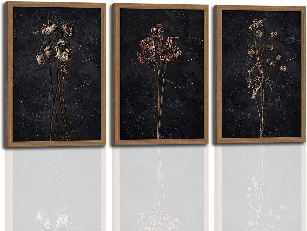 Framed Moody Dried Flower Canvas Art – Rustic Vintage Decor 16×24 In 3Pcs Set