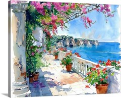 Flowers On Balcony Overlooking Mediterranean Sea Print Gallery Canvas Wrap